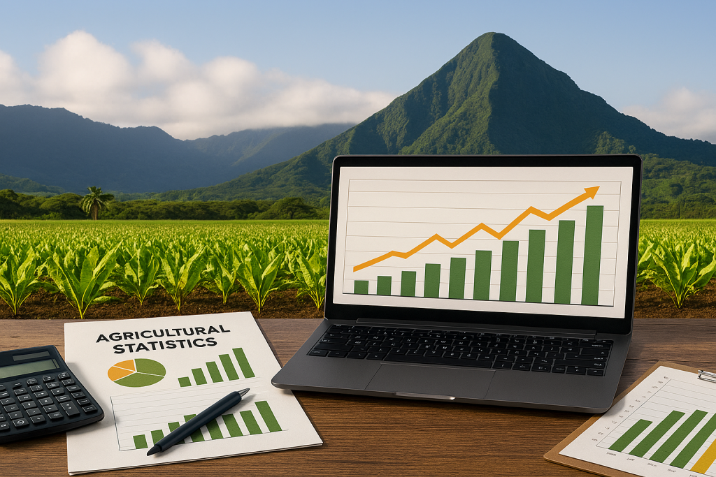 This is a picture of a laptop on a desk in a taro field with a graph statistic image 