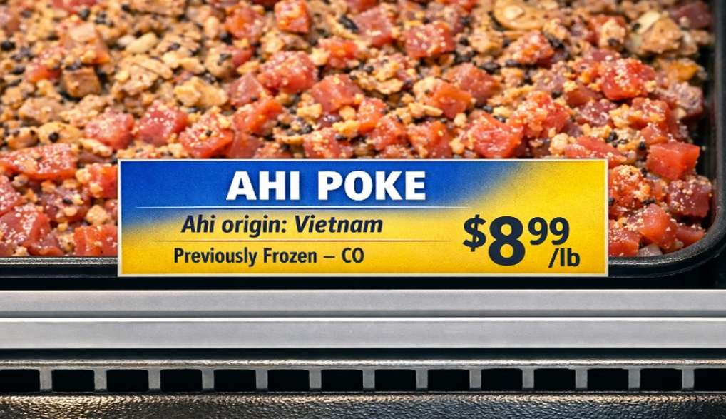 A picture of raw ahi poke with a sign describing the country of origin as well as the price per pound.